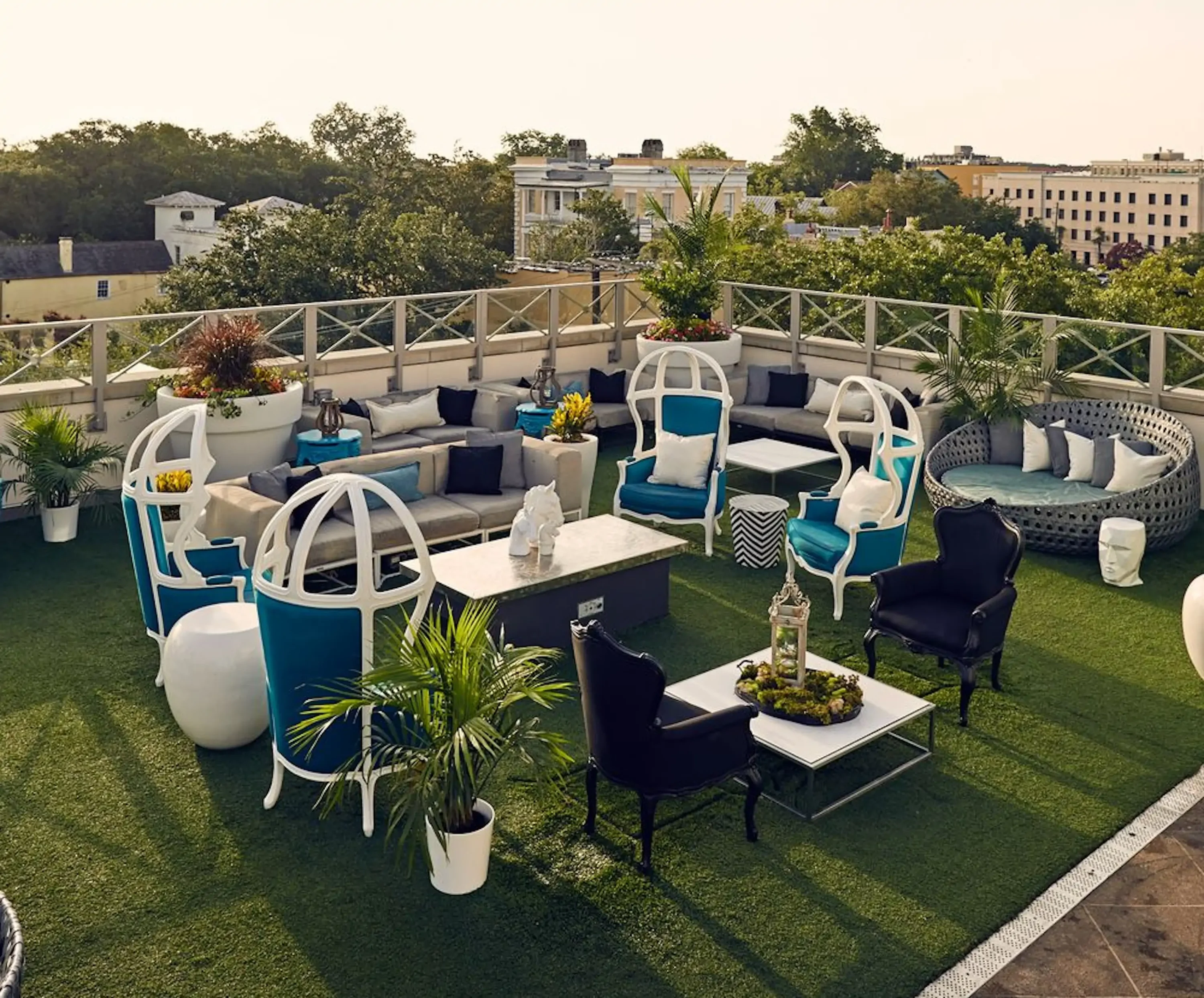 Synthetic turf and futuristic furniture at the rooftop at ÉLEVÉ at Grand Bohemian Hotel in Charleston