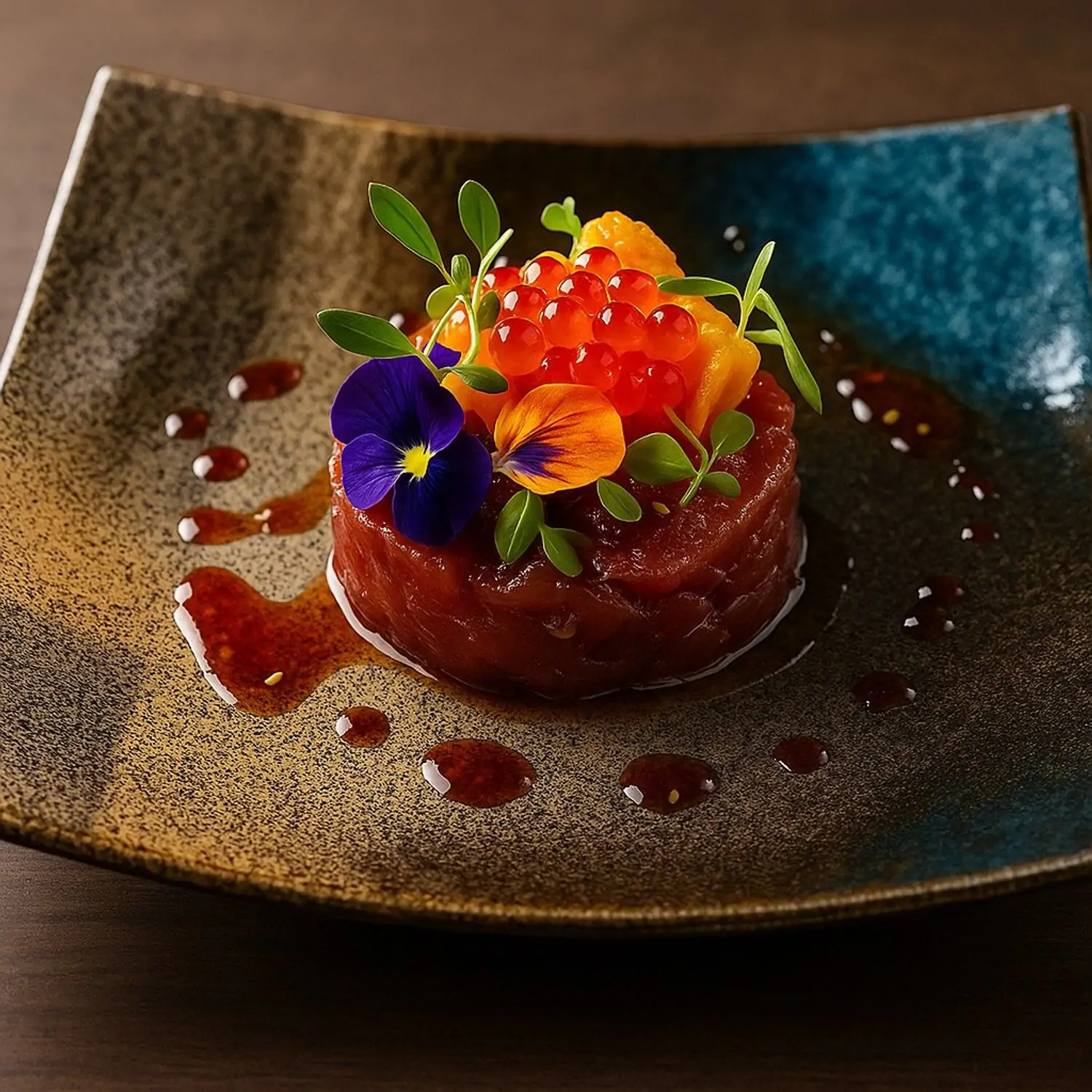 A tartare dish with edible flowers and caviar on top at Rei in NYC