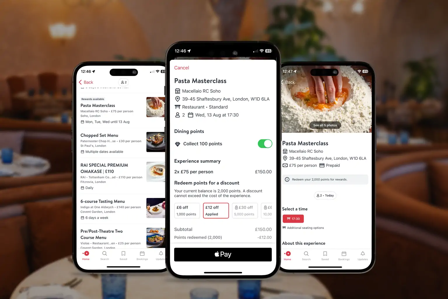 Four mobile screenshots of the OpenTable app showing how to book dining experiences in London with OpenTable Points for Discount.