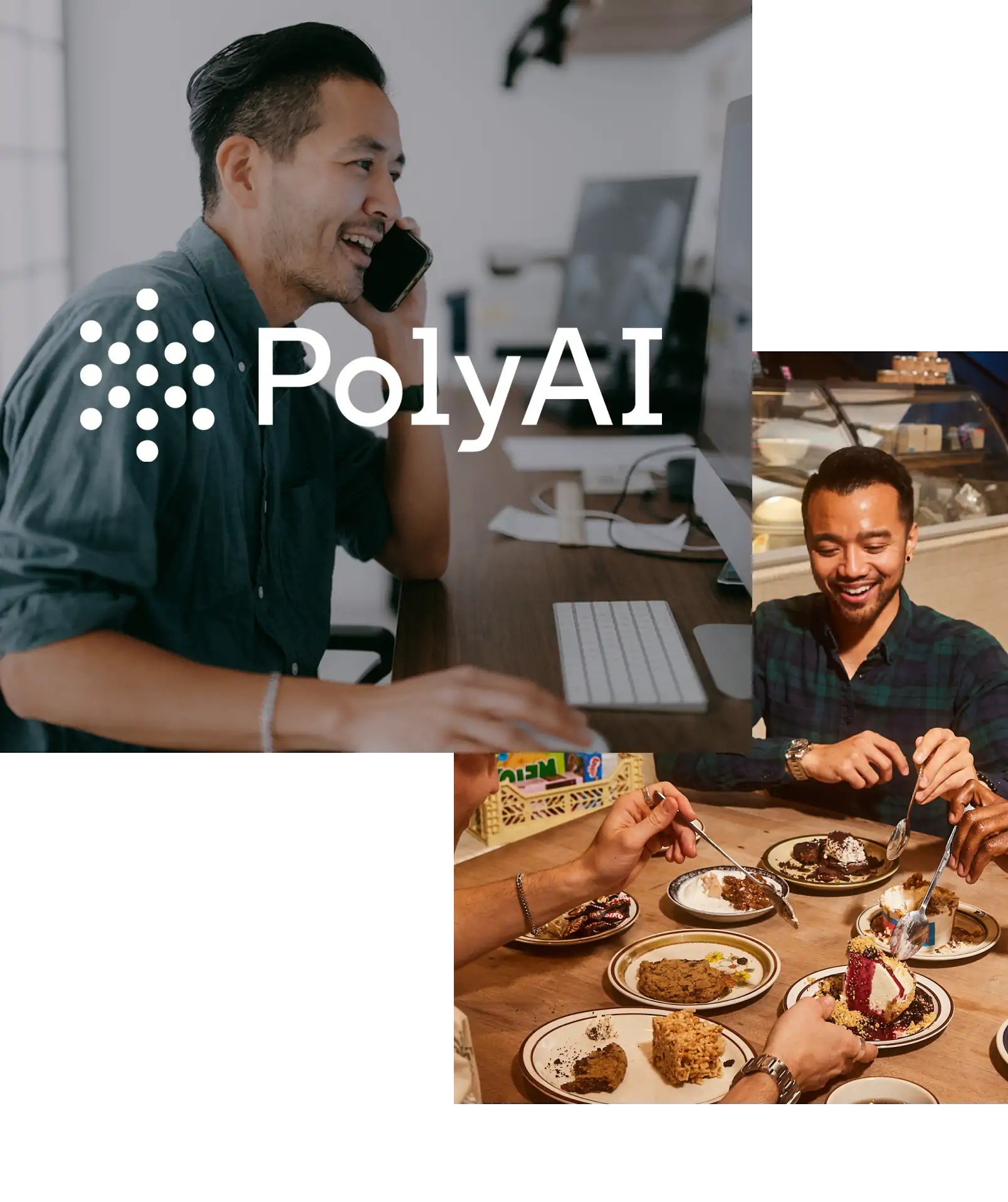Man on a phone at a computer desk overlaid with the PolyAI logo, alongside two happy customers dining in a restaurant.