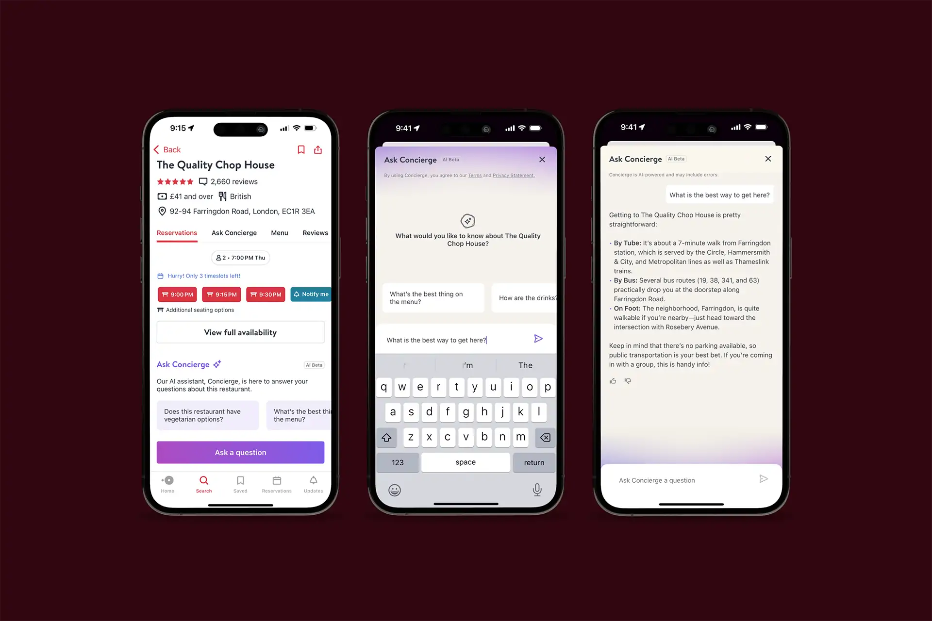 Three smartphone screens displaying the OpenTable app's AI-powered 