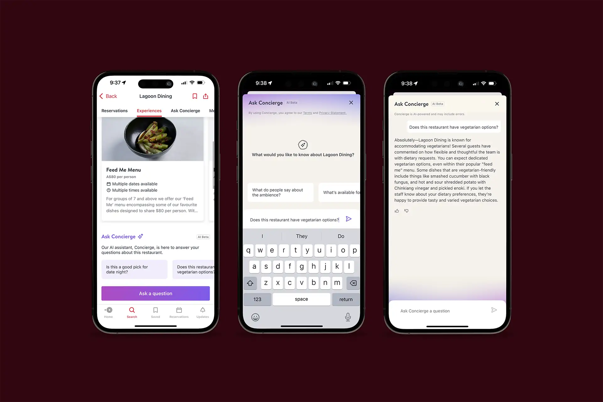 Three smartphone screens displaying the OpenTable app's AI-powered 