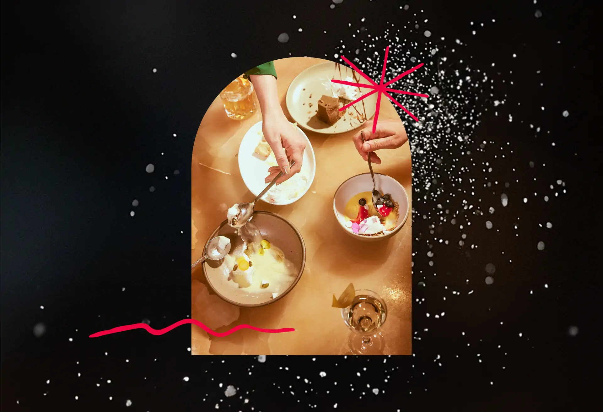 A festive holiday restaurant scene from above, showing guests finishing dessert and drinks.